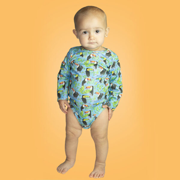 fun-print-baby-onesie, patterned onesie, Toucans, cotton bodysuit, baby clothing, cotton onesie, twibbles up & down