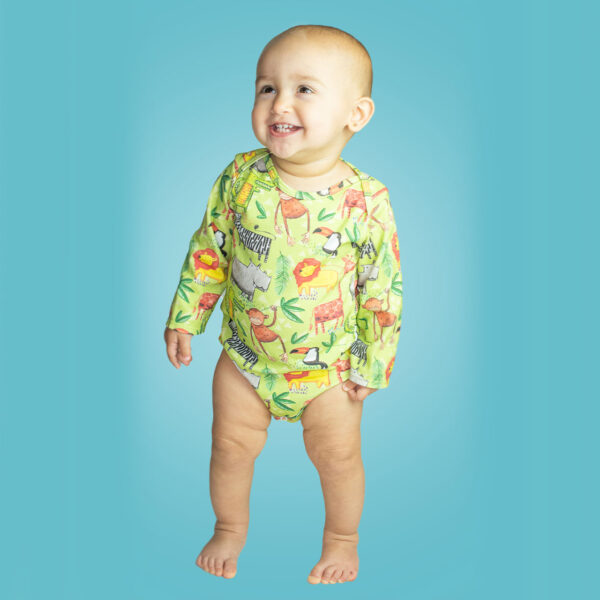 jungle, patterned onesie, baby clothing, cotton onesie, twibbles up & down. Montessori baby