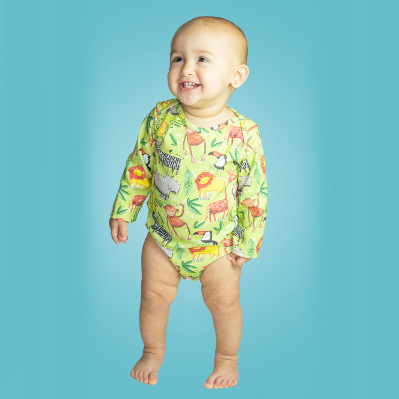 jungle, patterned onesie, baby clothing, cotton onesie, twibbles up & down. Montessori baby