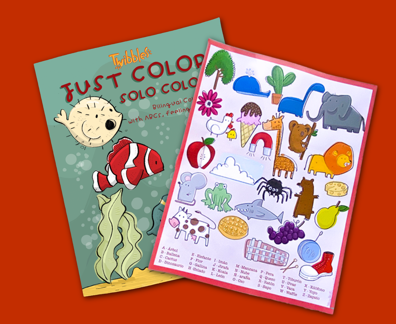 Bilingual ABC spread in Just Color Solo Colorea English Spanish coloring book Twibbles