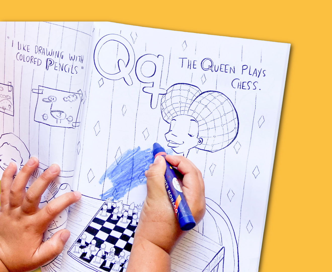 Close-up of English and Spanish labels in Just Color Solo Colorea bilingual coloring book