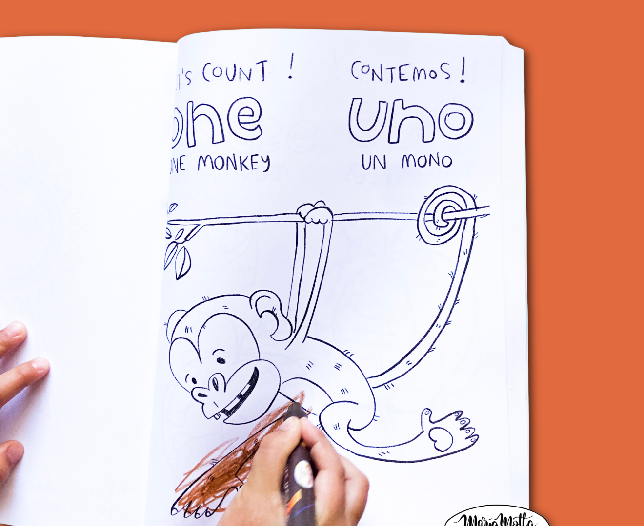 Bilingual ABC spread in Just Color Solo Colorea English Spanish coloring book Twibbles