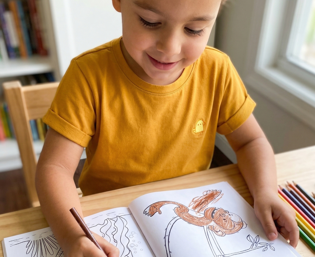 Child ages 3-5 coloring in bilingual Just Color book screen-free early learning activity