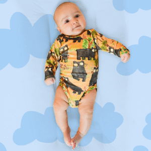 Storytelling baby onesie with wraparound illustration