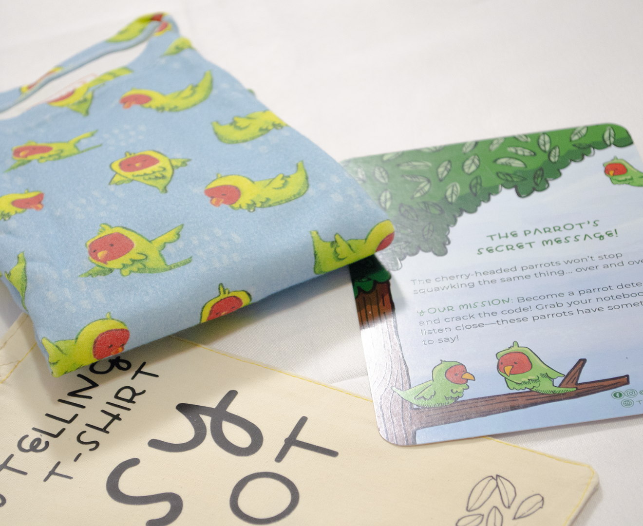 Busy Parrot Adventurous Captain kids t-shirt with imagination mission card Twibbles